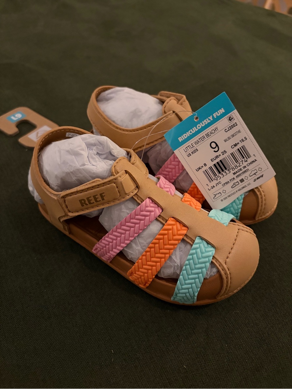 Reef Kids Tan Sandals with Pink, Orange & Aqua Braided Straps